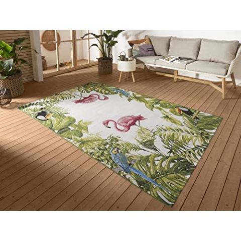 Hanse Home Tropical Birds In- & Outdoor Teppich – Flachgewebe Aussenteppich, Flamingo Jungel Palmen Design, ÖKO-TEX Wetterfest & UV-beständig für Balkon, Terrasse, Garten, Wohnzimmer - Bunt, 160x235cm