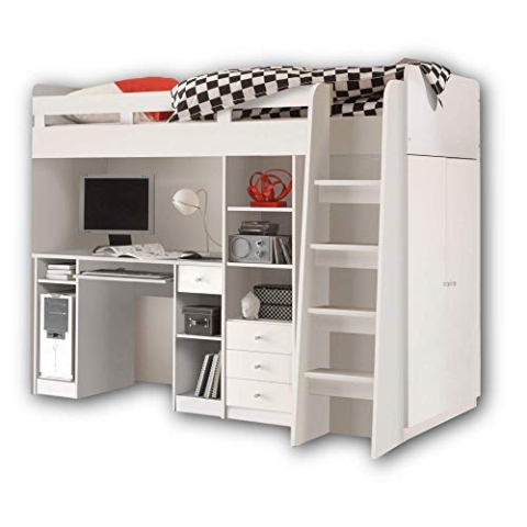 Stella Trading UNIT Hochbett mit Schreibtisch und Schrank 90 x 200 cm - Platzsparendes Kinder Etagenbett in weiß - 95 x 160 x 204 cm (B/H/T)