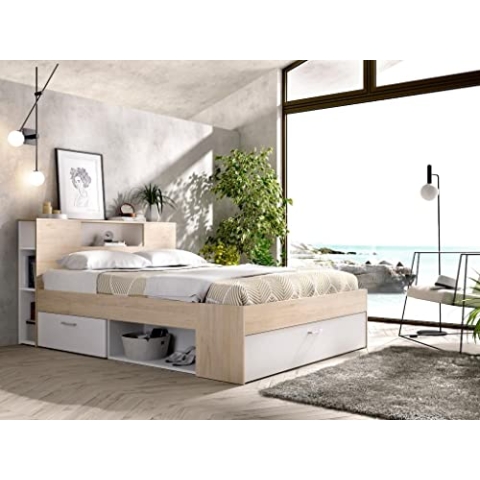 DEKIT GRUPO RIMOBEL Lanka Kompaktes Bett für Schlafzimmer, Natur/Weiß, 95 x 149,6 x 218,5 cm