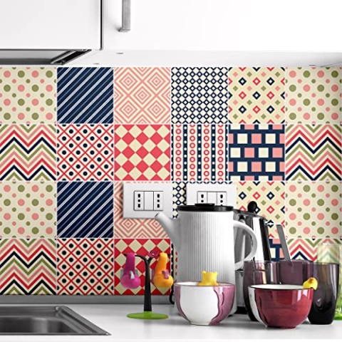 Ambiance Sticker Selbstklebende Aufkleber, Wanddekoration, Fliesenaufkleber für Badezimmer und Küche Fliesen Ethnique Nagano- 9 Stück Aufkleber 15 x 15 cm