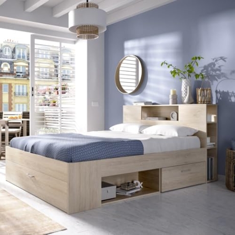 DEKIT GRUPO RIMOBEL Bett aus Buchholz mit Kopfteil und Schubladen – 140 x 190 cm – Farbe: Eiche