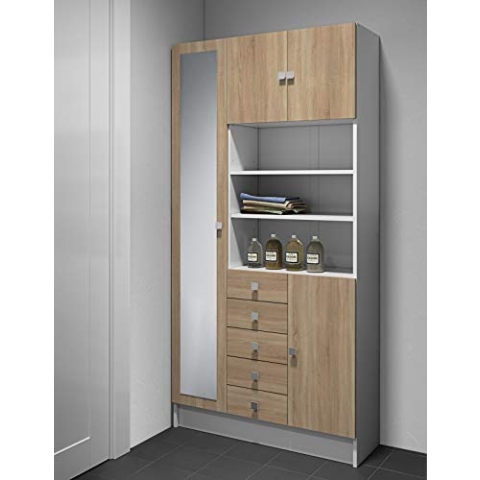 Symbiosis Badschrank, Melamin-Partikelplatten, Eiche Natur/weiß, 90/181,6/59,6