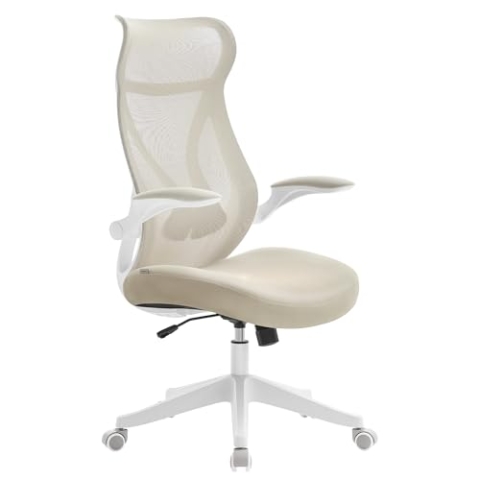 SONGMICS Bürostuhl, Schreibtischstuhl, ergonomische Rückenlehne, höhenverstellbar, hochklappbare Armlehnen, Drehstuhl mit Kopfstütze, bis 150 kg belastbar, cappuccinobeige OBN088K01