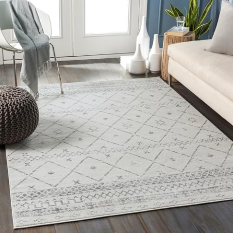 Livabliss Nagano Teppich Wohnzimmer Boho, großer Teppich Schlafzimmer 160x216 cm - Teppich für Esszimmer mit geometrischem Muster, Skandinavischer Wohnzimmerteppich modern in Weiß und Grau