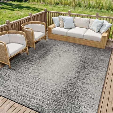 Livabliss Outdoor Teppich wetterfest, Kemer - In und Outdoor Teppich für Balkon 120x170 cm, Terrasse, Garten, Küche - Outdoor Teppich Boho Style, Teppich für draußen - Teppich Holzkohle und Elfenbein