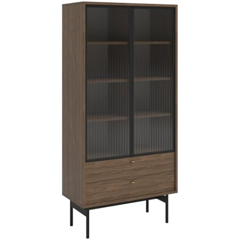 Selsey Vitrine Glas Vitrinenschrank Glasvitrine Wohnzimmer Glastür Hoch 85 cm 2 Schubladen 4 Fächer Carini Walnuss Olar