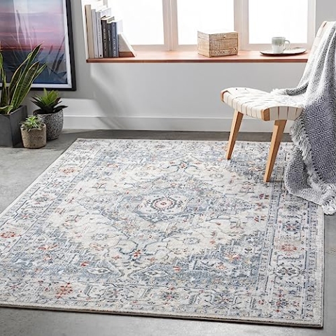 Livabliss London Vintage Teppich groß - Orientalischer Teppich Wohnzimmer 200x275 cm, Esszimmer, Schlafzimmer - Boho Teppich, Kurzflor Teppich für einfache Pflege - Muster Teppich in Grau und Blau