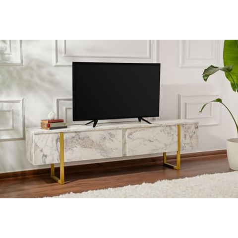 Stylish and Sturdy TV Stand, Freesia Marble, Gold, 180 x 45 x 30 | 100% Melamine Coated Particle Board, Thickness:18 mm | Perfect for Modern Home Office & Study Spaces, Elegant and Functional Design