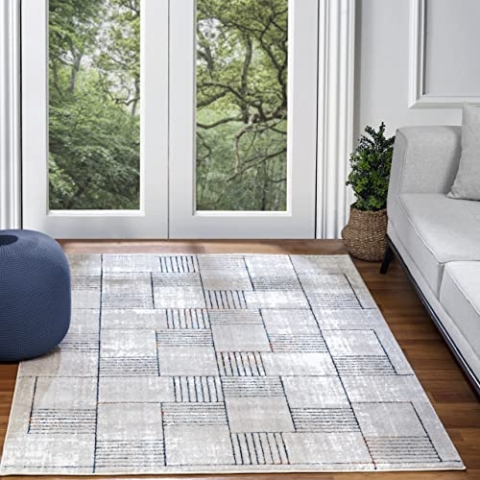 Surya Salla Teppich Wohnzimmer Boho, großer Teppich Schlafzimmer 200x275 cm - Teppich für Esszimmer mit geometrischem Muster, Skandinavischer Wohnzimmerteppich modern in Weiß, Blau und Ocker