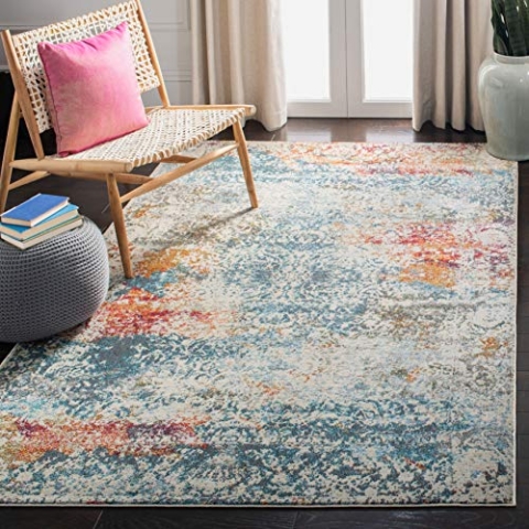 SAFAVIEH Distressed Teppich für Wohnzimmer, Esszimmer, Schlafzimmer - Luxor Collection, Kurzer Flor, Elfenbein und Blau, 183 X 274 cm