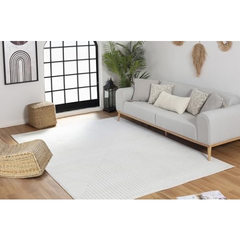 Livabliss Lenox Teppich Wohnzimmer Boho, großer Teppich Schlafzimmer 160x220 cm - Teppich für Esszimmer mit geometrischem Muster, Skandinavischer Wohnzimmerteppich modern in Weiß