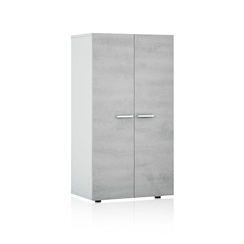 Habitdesign Schuhregal 2-türig, Schuhregal schmal, Modell Star, Ausführung in Glanzweiß und Zement, Maße: 55 cm (Breite) x 108 cm (Höhe) x 36 cm (Tiefe)