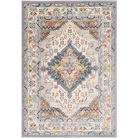 Livabliss Casablanca Vintage Teppich rund - Orientalischer Teppich Wohnzimmer 160 cm, Esszimmer, Schlafzimmer - Boho Teppich, Kurzflor Teppich für einfache Pflege - Muster Teppich in Taupe, Blau, Grau