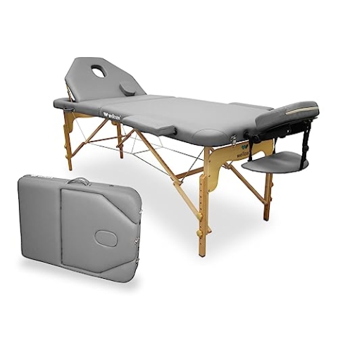 WELLCORE Massageliege, klappbar, mit aufklappbarer Rückenlehne, aus Holz, Kunstleder, 195 x 70 cm, höhenverstellbar, Abnehmbarer Kopf, Gesichtsloch, Silber, bis 225 kg