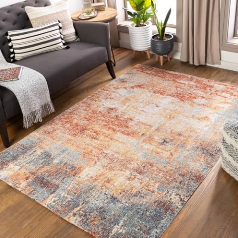 Livabliss Outdoor Teppich Wetterfest, Mijek - In und Outdoor für Balkon 160x213 cm, Terrasse, Garten, Küche - Boho Style, für Draußen - Rost und Blau