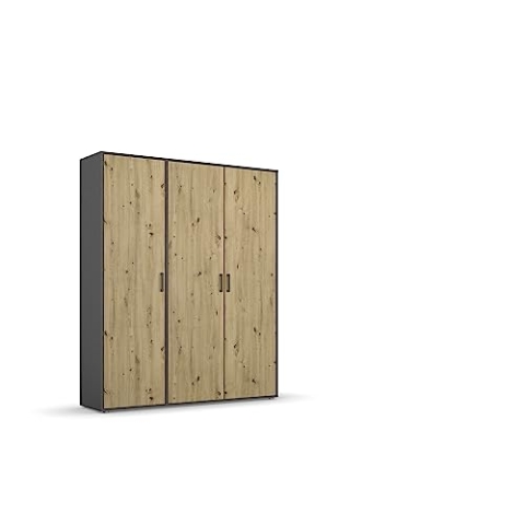 Rauch Möbel Voyager Schrank Kleiderschrank Drehtürenschrank, Eiche Artisan/Grau metallic, Holz, Schwarz, 3-türig, inkl. 1 Kleiderstange, 4 Einlegeböden BxHxT 140x194x53 cm