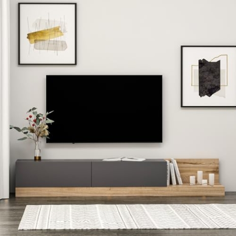 Hanah Home Stylish TV Stand, Anthracite & Walnut, 180 x 30 x 37 cm | 100% Melamine Coated Particle Board, 18 mm Thick | Modern Design for Living Room & Entertainment Spaces