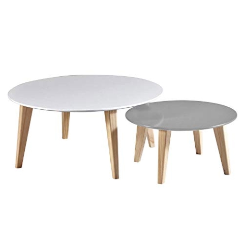 Demeyere Round Set de 2 Tables Basses Coloris Blanc et Taupe, pin, 78x78x35 cm