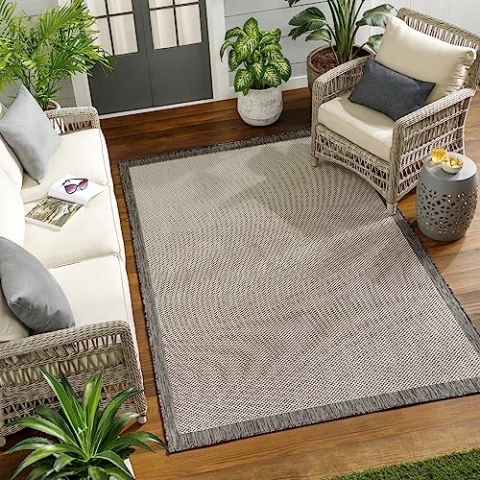 Livabliss Outdoor Teppich wetterfest, Arsuz - In und Outdoor Teppich für Balkon 160x213 cm, Terrasse, Garten, Küche - Outdoor Teppich Boho Style, Teppich für draußen - Teppich Grau, Elfenbein