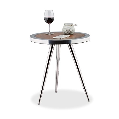 Relaxdays Beistelltisch Akazie mit Metallbeinen, Couchtisch mit Holzmaserung, Dreibeiner HxBxT: 54 x 50 x50 cm, silber