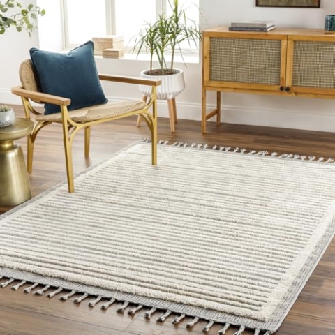 Livabliss Amarillo Teppich Wohnzimmer Boho, großer Teppich Schlafzimmer 167x220 cm - Teppich für Esszimmer mit geometrischem Muster, Skandinavischer Wohnzimmerteppich modern in Beige, Hellgrau