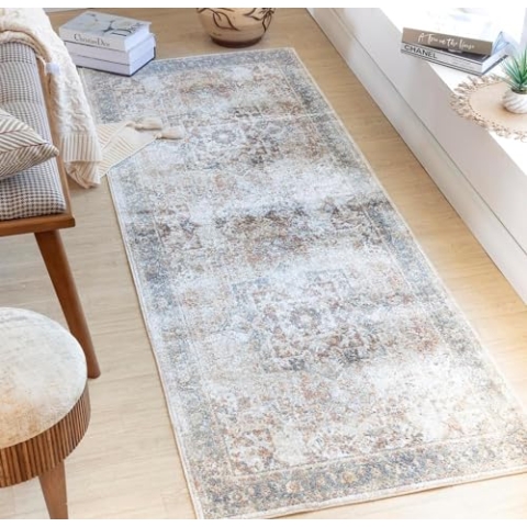 Livabliss Bridgetown Teppich Läufer waschbar in der Waschmaschine - Vintage Teppich waschbar für Wohnzimmer 80x220 cm, Schlafzimmer, Küche - Orientalischer Boho Teppiche, Teppich Groß in Braun, Creme