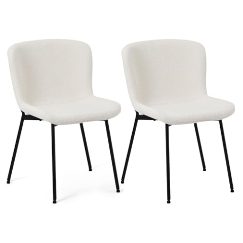 Furnhouse Teddy Esszimmerstühle 2er Set Weiß – Bouclé Stoff Creme, Skandinavisches Design, Metallgestell, Gepolstert, Schalenstuhl für Esszimmer & Küche