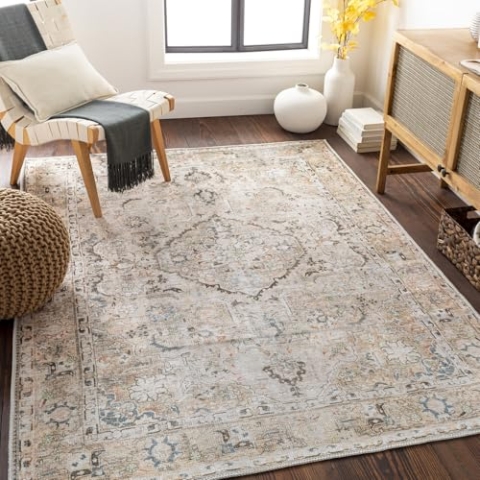 Livabliss Riverside Teppich waschbar in der Waschmaschine - Vintage Teppich waschbar für Wohnzimmer 200x274 cm, Schlafzimmer, Küche - Orientalischer Boho Teppiche, Teppich Groß, Rosa, Elfenbein, Blau