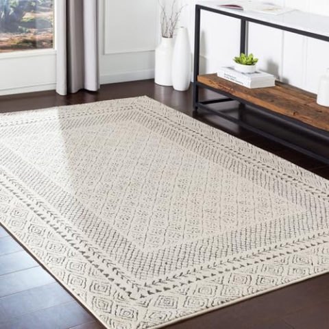 Livabliss Monaco Teppich Wohnzimmer Boho, großer Teppich Schlafzimmer 140x200 cm - Teppich für Esszimmer mit geometrischem Muster, Skandinavischer Wohnzimmerteppich modern in Beige, Holzkohle Grau