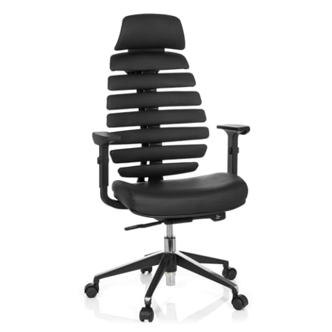 hjh OFFICE 714560 Profi Bürostuhl Ergo LINE II PRO Leder Schwarz ergonomischer Drehstuhl mit Lordosen- und Kopfstütze