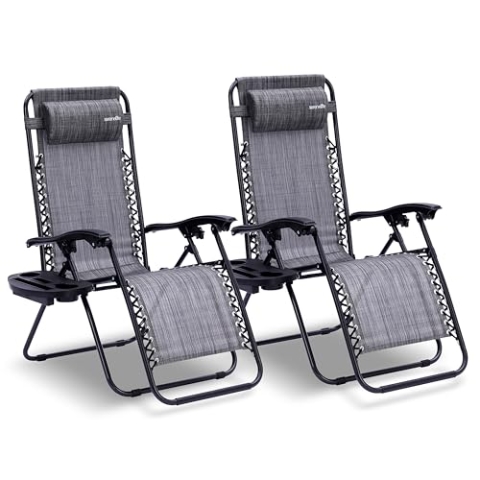SereneLife Liegestuhl Klappbar, Relaxliege 2er Set Grau als Gartenmöbel zum Relaxen & Liegen, Sonnenstuhl für Balkon, Garten, Terrasse & Camping mit Seitentisch, Kopfkissen & Getränkehalter
