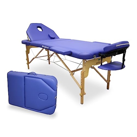 WELLCORE Massageliege, klappbar, mit aufklappbarer Rückenlehne, aus Holz, Kunstleder, 195 x 70 cm, höhenverstellbar, Abnehmbarer Kopf, Gesichtsloch, Blau, bis 225 kg
