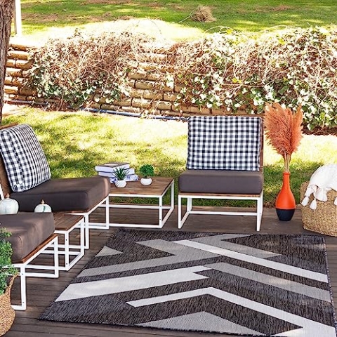 Livabliss Outdoor Teppich wetterfest, Tekeli - In und Outdoor Teppich für Balkon 160x213 cm, Terrasse, Garten, Küche - Outdoor Teppich Boho Style, Teppich für draußen - Teppich Holzkohle und Elfenbein