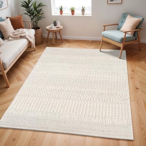 Livabliss Honolulu Boho Teppich für Wohnzimmer und Schlafzimmer - Großer Esszimmerteppich 152x213 cm Mit Geometrischem Muster, Skandinavisch Modern in Elfenbein und Grau