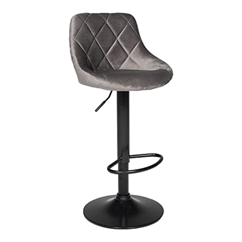 Happy Garden Barhocker aus grauem Samt Robin. Küchenstuhl in modernem Design, mit Sitzfläche, höhenverstellbar, 360° drehbar und Fußstütze. Hocker mit Rückenlehne aus grauem Samt.