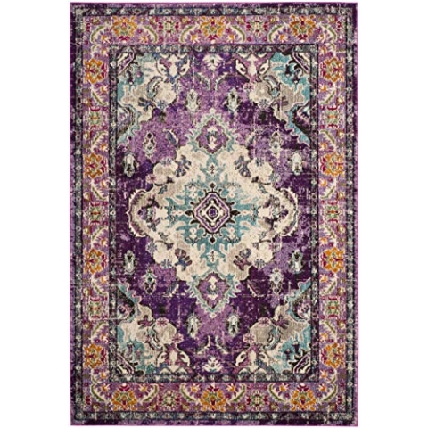SAFAVIEH Boho Teppich für Wohnzimmer, Esszimmer, Schlafzimmer - Monaco Collection, Kurzer Flor, Violett und Hellblau, 91 X 152 cm