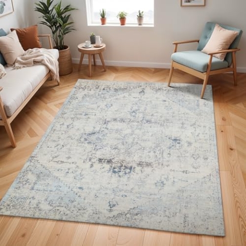 Livabliss Tampa Vintage Teppich Groß - Orientalischer Boho für Wohnzimmer, Esszimmer, Schlafzimmer - 120x170 cm, Kurzflor, Einfache Pflege - Muster in Blau und Creme