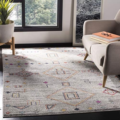 SAFAVIEH Boho Teppich für Wohnzimmer, Esszimmer, Schlafzimmer - Adirondack Collection, Kurzer Flor, Hellgrau und Rot, 91 X 152 cm