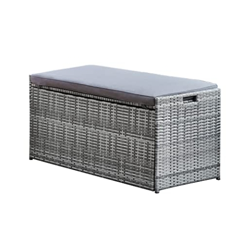 Teamson Home Gartenmöbel, 2 In 1 Korb Rattan 336 Liter Große Aufbewahrungsbox & Sitzbank mit Kissen, Wetterbeständig, Grau