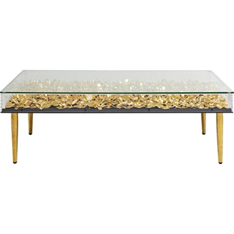 Kare Design Couchtisch Flowers, Gold, Wohnzimmertisch, Beistelltisch, Blumen Motiv, Holz Rahmen, Glas Tischplatte, Glas Tischplatte, handgearbeitet, rechteckig, 40x120x60 cm (H/B/T)