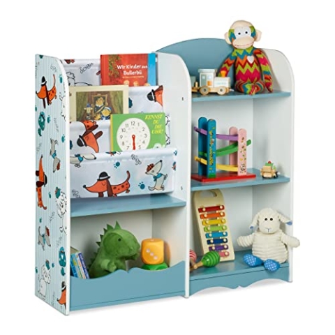 Relaxdays Kinderregal, 7 Fächer für Bücher & Spielzeug, Hundemotiv, HxBxT: 84 x 86 x 26 cm, Kinderzimmerregal, bunt