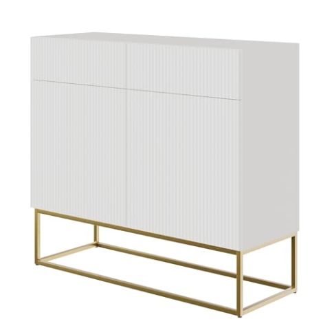 Selsey Kommode Schrank Aufbewahrungsschrank 100 cm Mit 2 Schubladen Und 2 Türen Weiß Goldene Beine Veldio