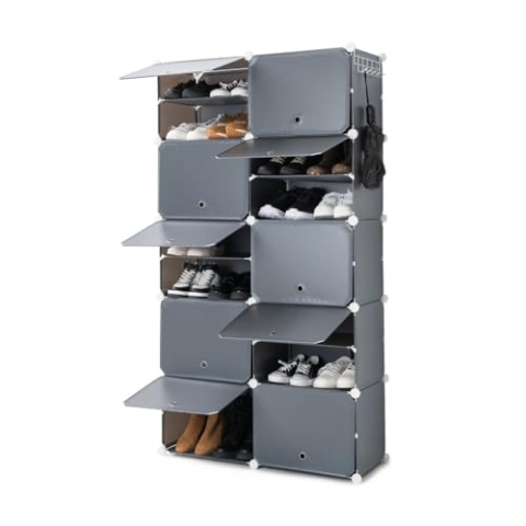 InnovaGoods® Tragbares modulares Schuhregal, 8 Module, 14 Fächer für 28 Paare, inklusive Kleiderstange und Belüftungsöffnungen, werkzeugfreie Montage, Schuhschrank für Ankleidezimmer, Badezimmer usw.