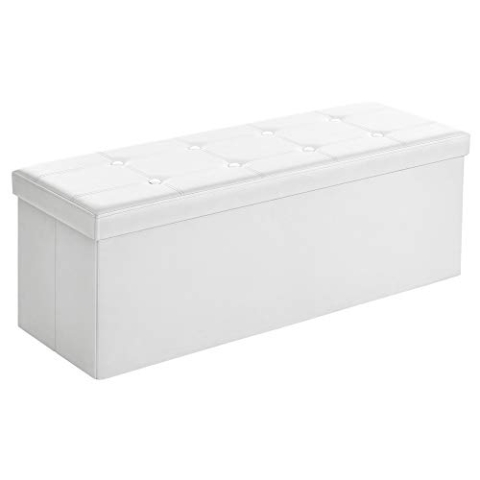 SONGMICS 110 cm Sitzbank mit Stauraum, Sitztruhe, Aufbewahrungsbox, Fußhocker, faltbar, gepolstert, Bezug aus Kunstleder, bis 300 kg belastbar, weiß LSF702