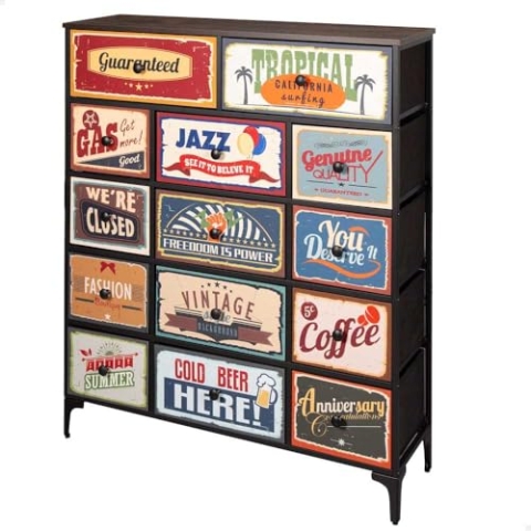 AKTIVE Max Home Mehrzweck-Schlafzimmerkommode, Retro- und Vintage-Grafiken, 14 leichte Stoffschubladen, 103 x 30 x 119 cm, Stahlrahmen, Holzplatte, Nachttische, Wohnzimmermöbel (18405)