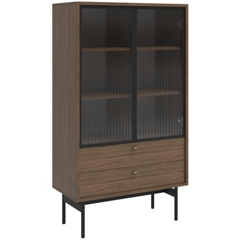 Selsey Vitrine Glas Vitrinenschrank Glasvitrine Wohnzimmer Glastür Niedrig 85 cm 2 Schubladen 3 Fächer Carini Walnuss Olar