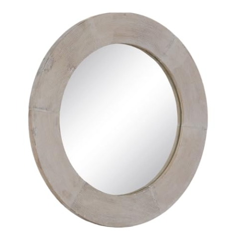 BigBuy Home Wandspiegel, Naturweiß, Glas, Mangoholz, MDF, vertikal, rund, 61 x 2,5 x 61 cm