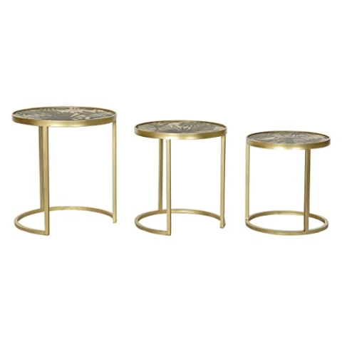 DKD Home Decor Set mit 3 Tischen, goldfarben, Metall, MDF, Tropisches Grün (47 x 47 x 50 cm)