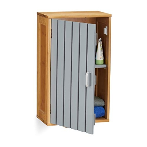 Relaxdays Hängeschrank Bad, 2 Fächer, höhenverstellbarer Einlegeboden, Bambus, MDF, HxBxT: 50 x 30 x 19 cm, natur/grau