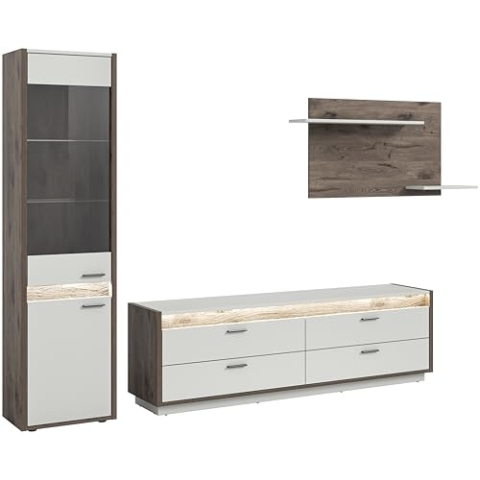 xonox.home Wohnen Falcona 3tlg.-Set Wohnkombination Möbel Set Front hellgrau Nb. Korpus Nox Oak dunkel Nb.